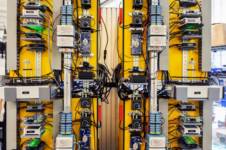 Wiring panels of two behavior platforms at the Allen Institute